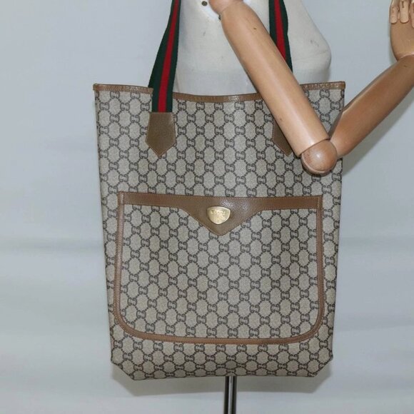 GUCCI GG Plus Supreme Web Sherry Line Tote Bag PVC Beige Red Green Auth ep9518 - Picture 3 of 16